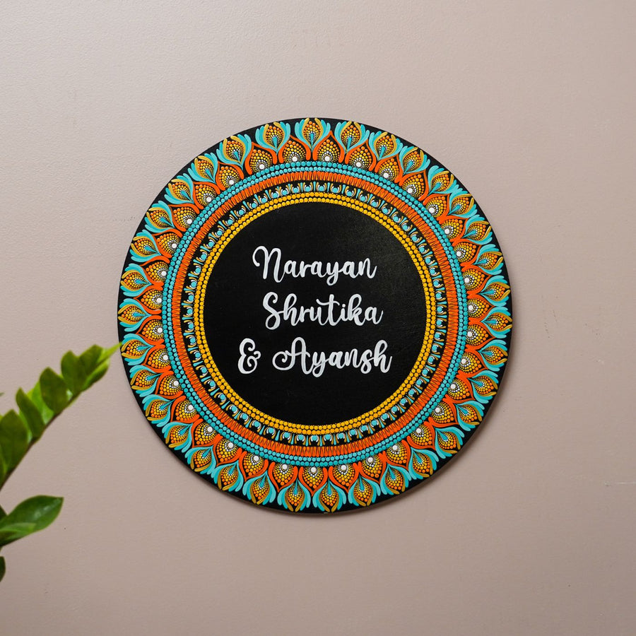 Handcrafted Circular Dot Art Name Plate 3 - Front View Hanging on Wall