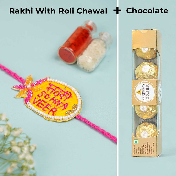 Handmade Beaded Sabse Sona Veer Rakhi With Roli Chawal For Brother - Rakhi with Roli Chawal and chocolate