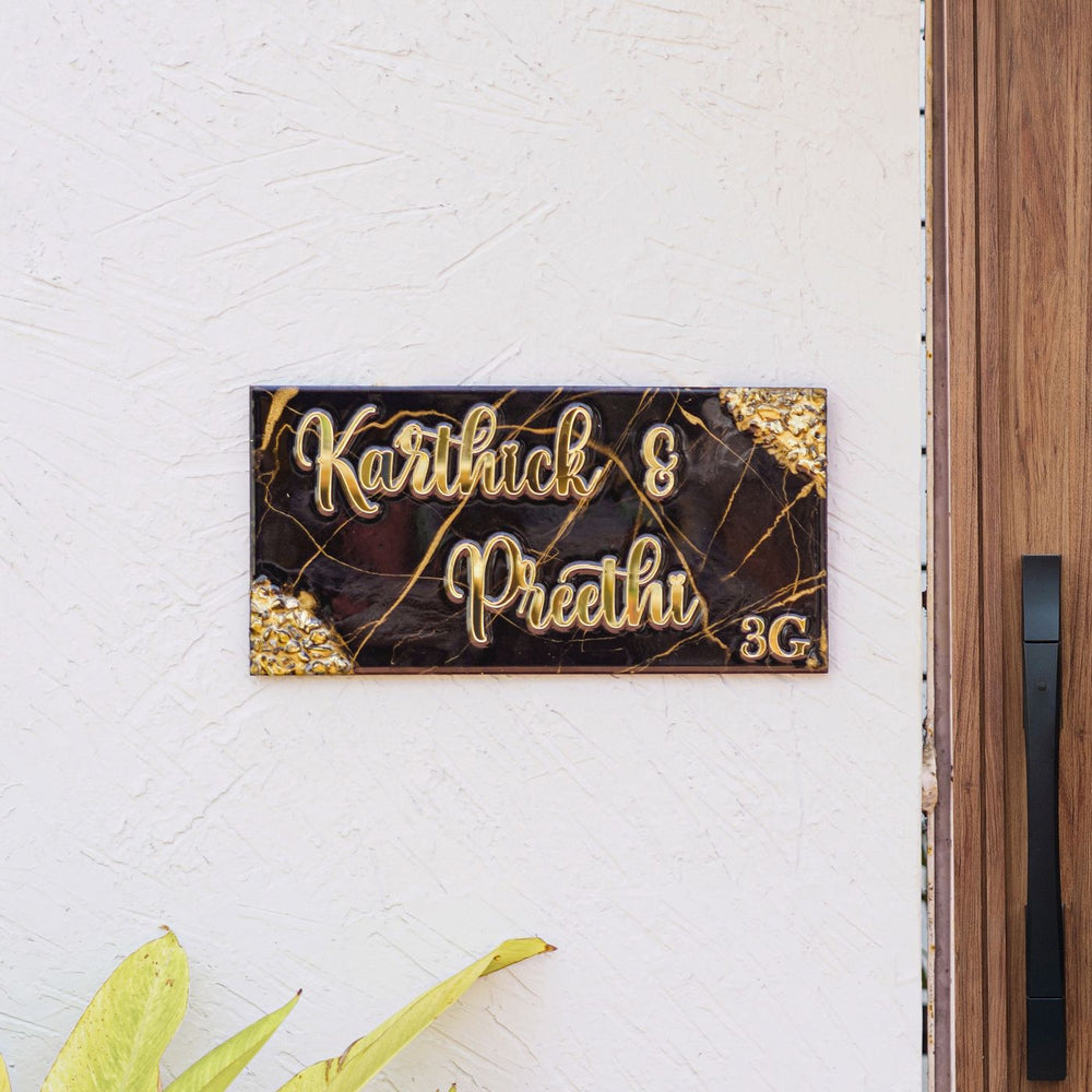 Handmade Resin Black Gold Rectangle Marbled Name Plate - Mounted on Wall Front View