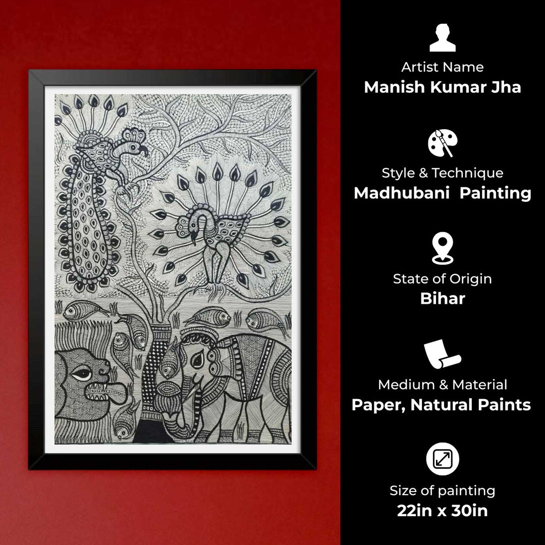 22 x 30 Inch | Harmony of the Forest and Water | Original Hand Painted Madhubani Painting | Natural Pigments On Paper