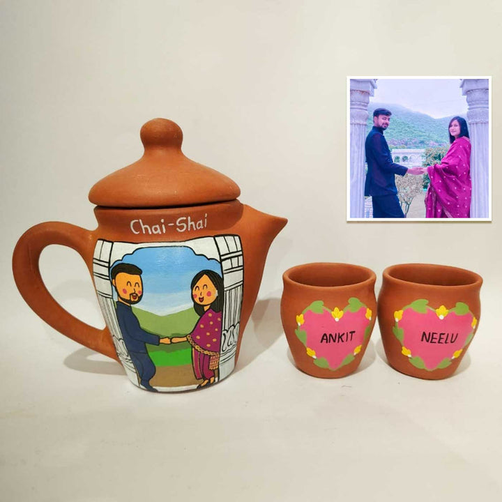 Tea Lovers | Handpainted Clay Teaset With Photo Based Caricature