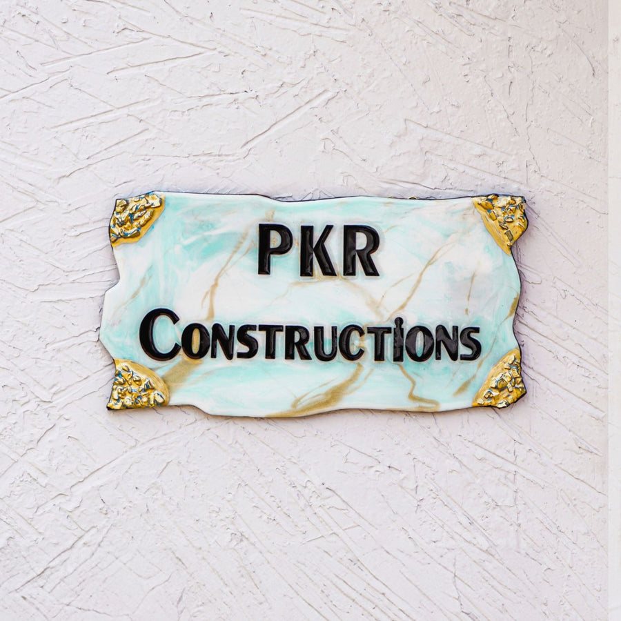 Handmade Resin Blue Gold Rectangle Marbled Name Plate - Mounted on Exterior Wall