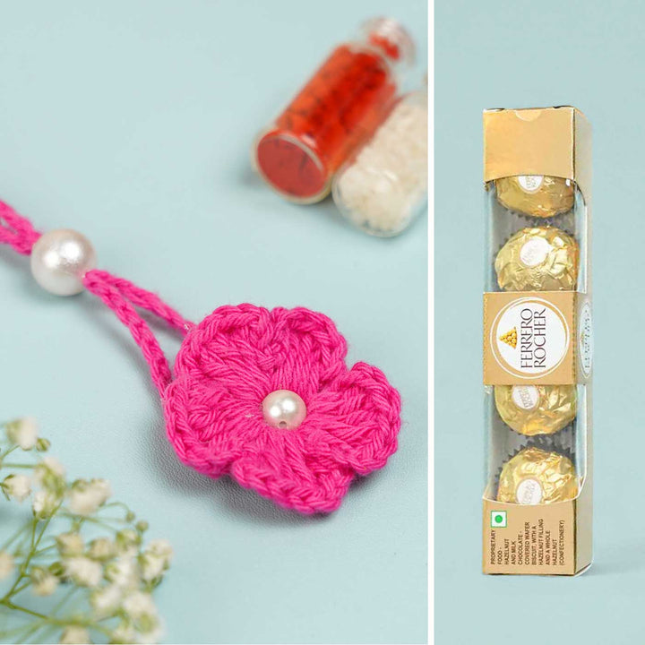 Handmade Crochet Scarlet Knot Lumba Rakhi For Bhabhi With Roli Chawal - Product Set Shown Together