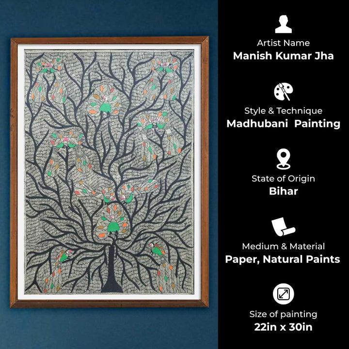 22 x 30 Inch | Peacock Tree | Original Hand Painted Madhubani Painting | Natural Pigments On Paper