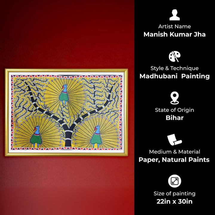 22 x 30 Inch | Peacock Trio | Original Hand Painted Madhubani Painting | Natural Pigments On Paper