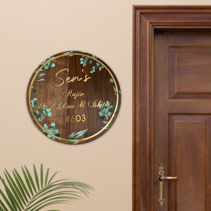 Personalised Wooden Floral Round Nameplate 1 - Mounted on Wall Next to Door