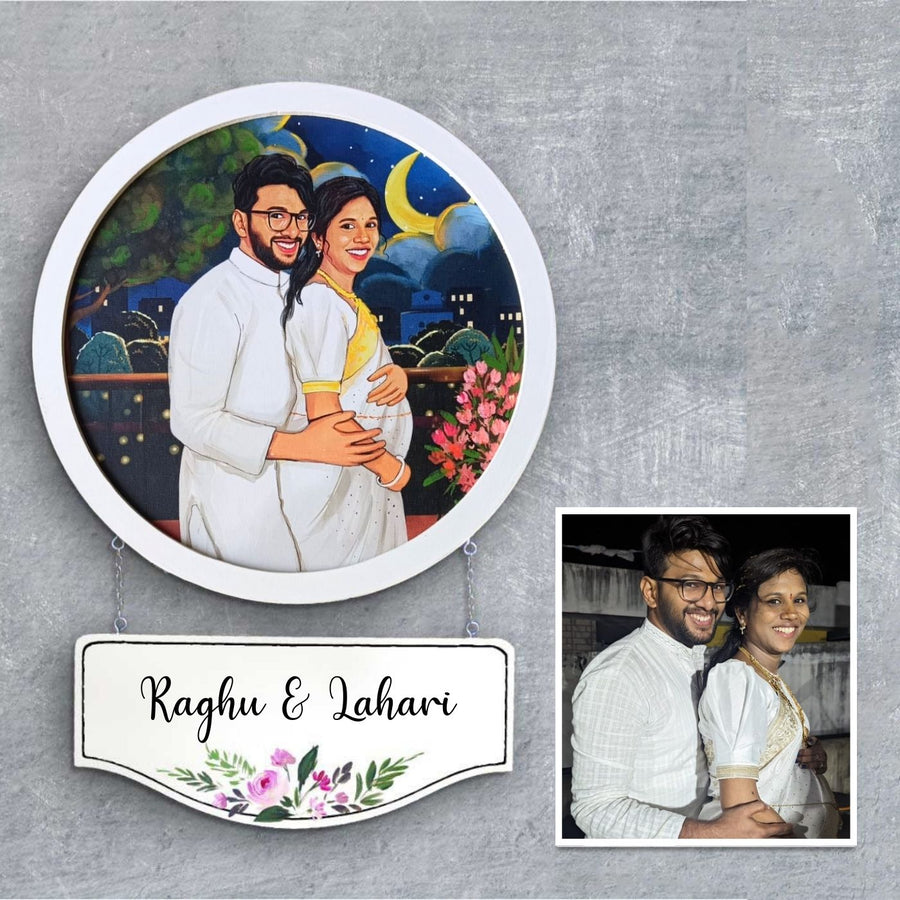 Photo Caricature Hanging Name Plate For Couples 1 - Framed Personalized Illustration with Photo