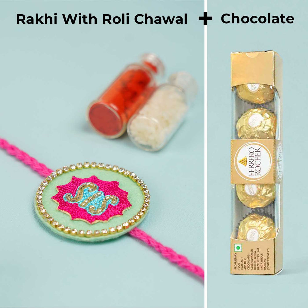 Handmade Beaded Sis Theme Rakhi With Roli Chawal For Sisters - Rakhi with Roli Chawal and Chocolate