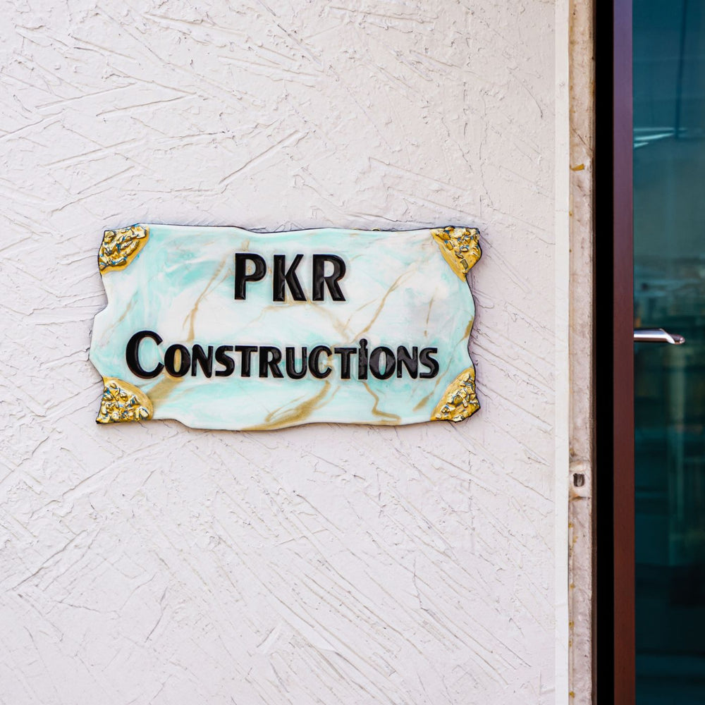 Handmade Resin Blue Gold Rectangle Marbled Name Plate - Mounted on Exterior Wall Close-up