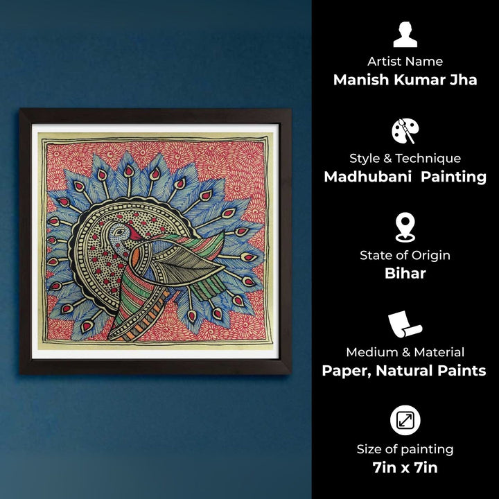 7 x 7 Inch | Colorful Peacock | Original Hand Painted Madhubani Painting | Natural Pigments On Paper