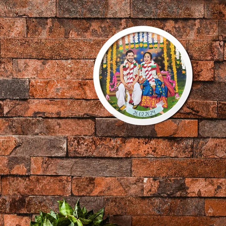 Photo Caricature Name Plate With Stand For Wedding Couples 1 - Round Frame Hanging on Brick Wall