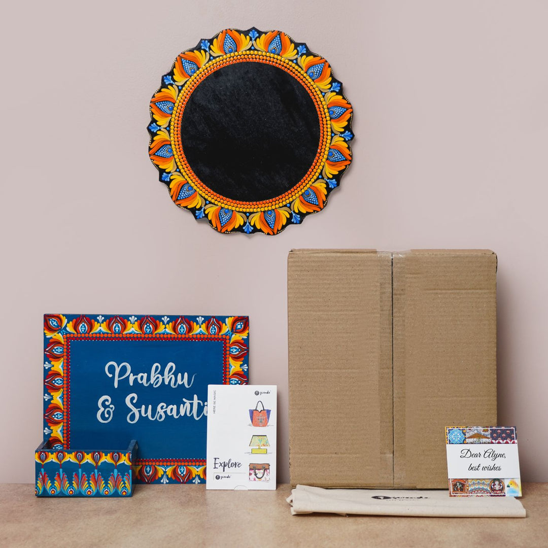 Handcrafted Dot Art Circular Name Plate 1 - Mounted Wall and Packaging Display