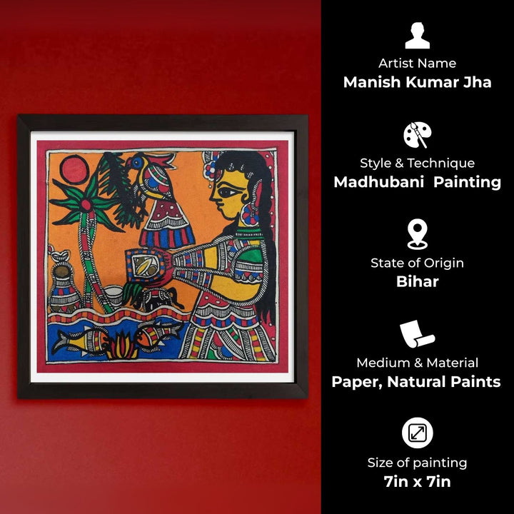 7 x 7 Inch | Life by the Riverbank | Original Hand Painted Madhubani Painting | Natural Pigments On Paper