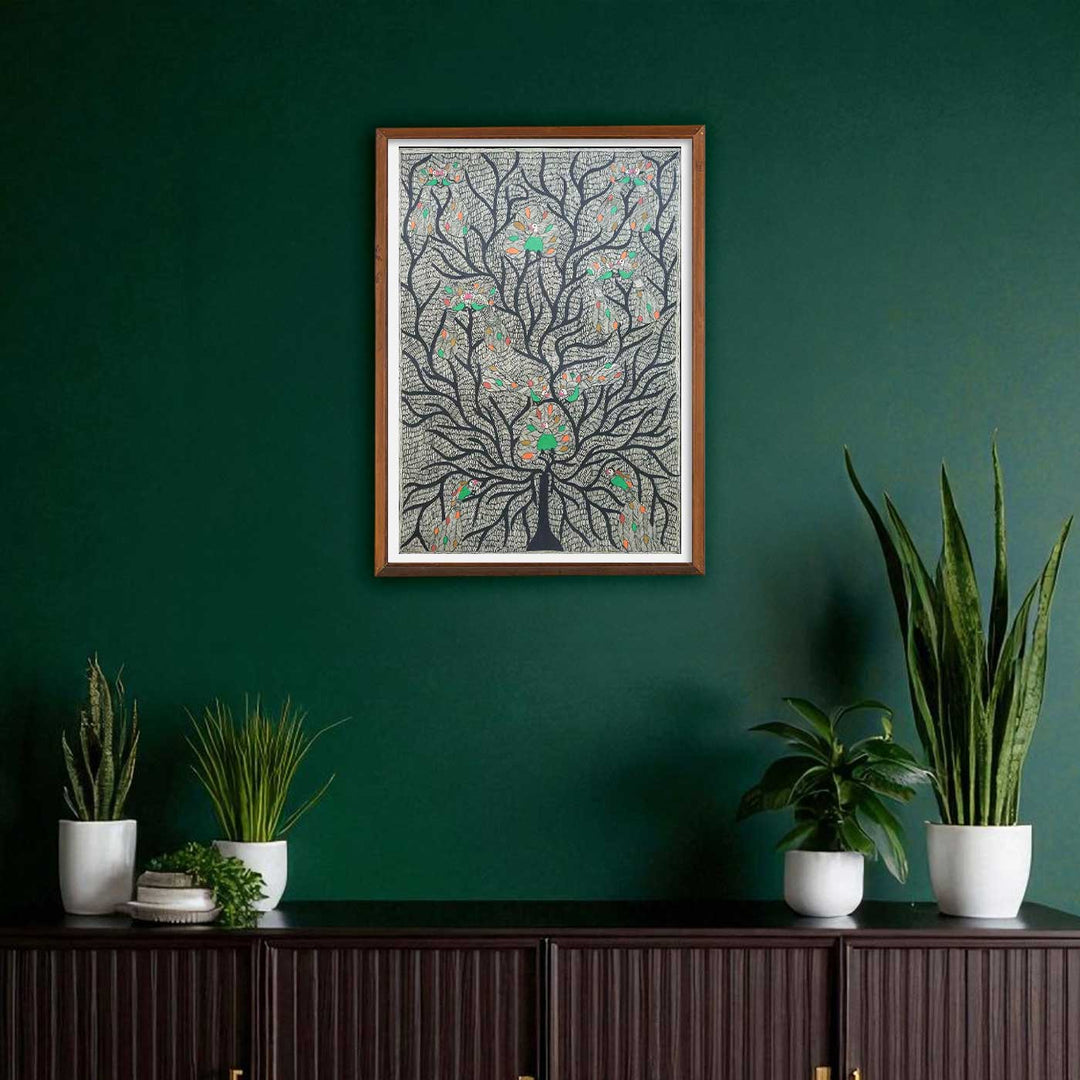 22 x 30 Inch | Peacock Tree | Original Hand Painted Madhubani Painting | Natural Pigments On Paper