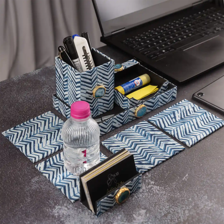 Blue Cotton Fabric Coated MDF Desk Organiser Set With Agate Accents