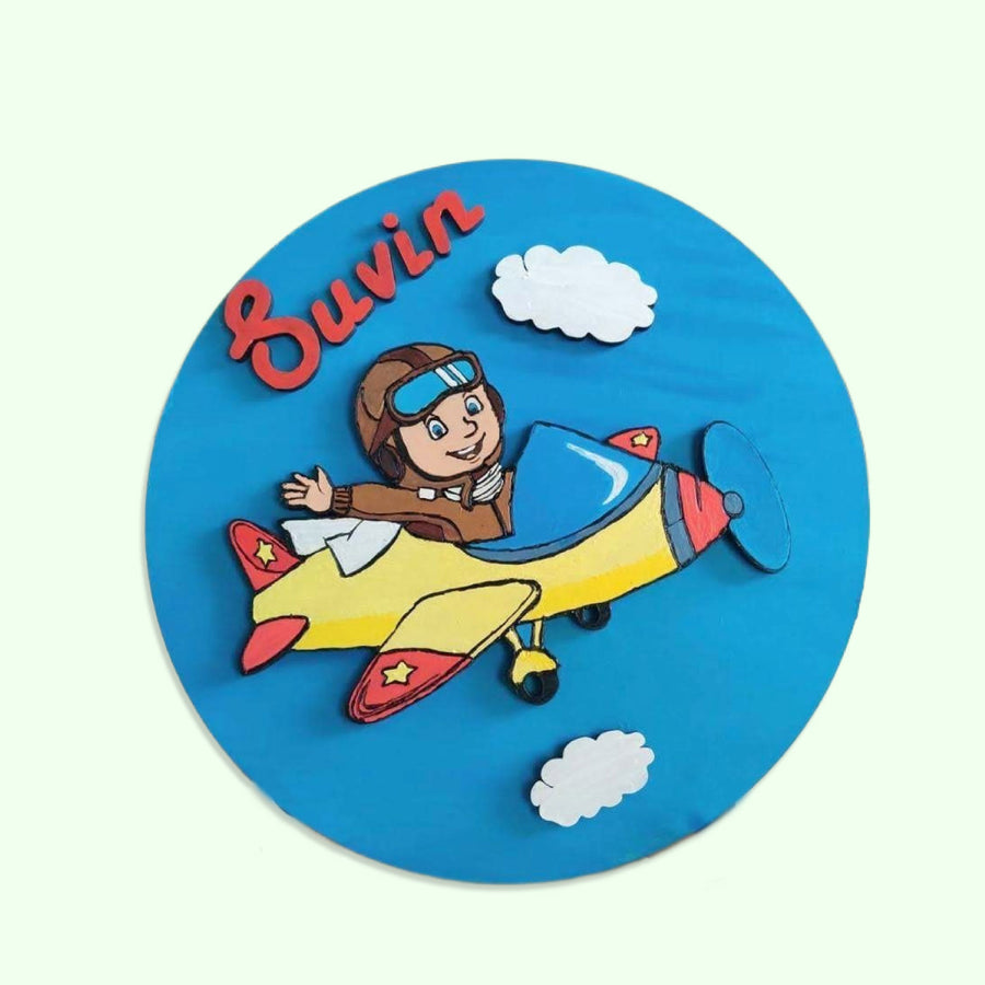 Pilot Theme Kids Name Plate - Front View with Name Personalization