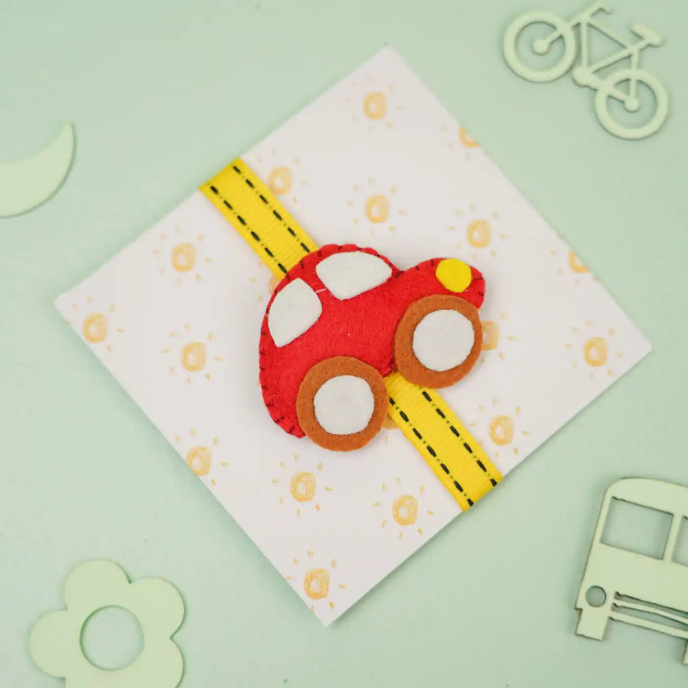 Handmade Car Theme Felt Kids Rakhi With Roli Chawal - Red Car on Gift Box Top