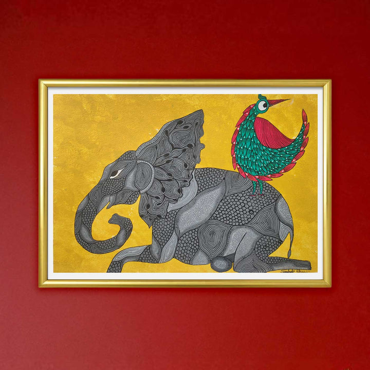 11 x 16 Inch | Wild Companionship Of Elephant & Bird | Original Hand Painted Tribal Gond Art Painting | Acrylic Paints On Paper