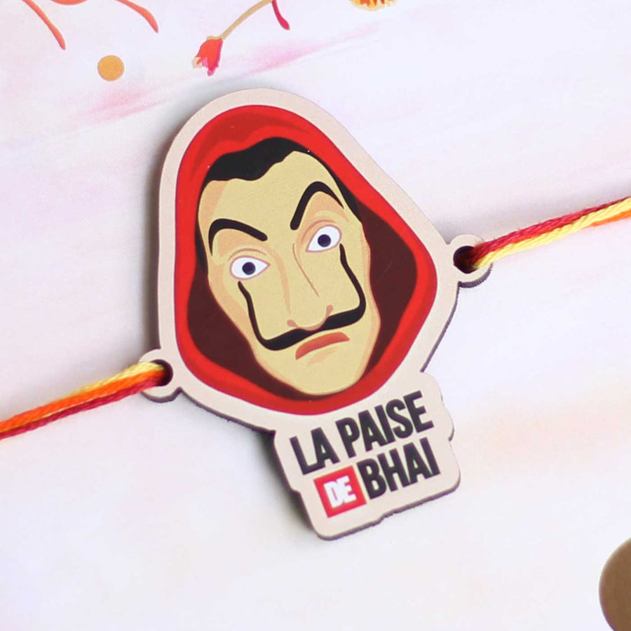Handmade Paise De Bhai Theme Magnet Wooden Rakhi With Roli Chawal For Brother - Close-up of Rakhi design