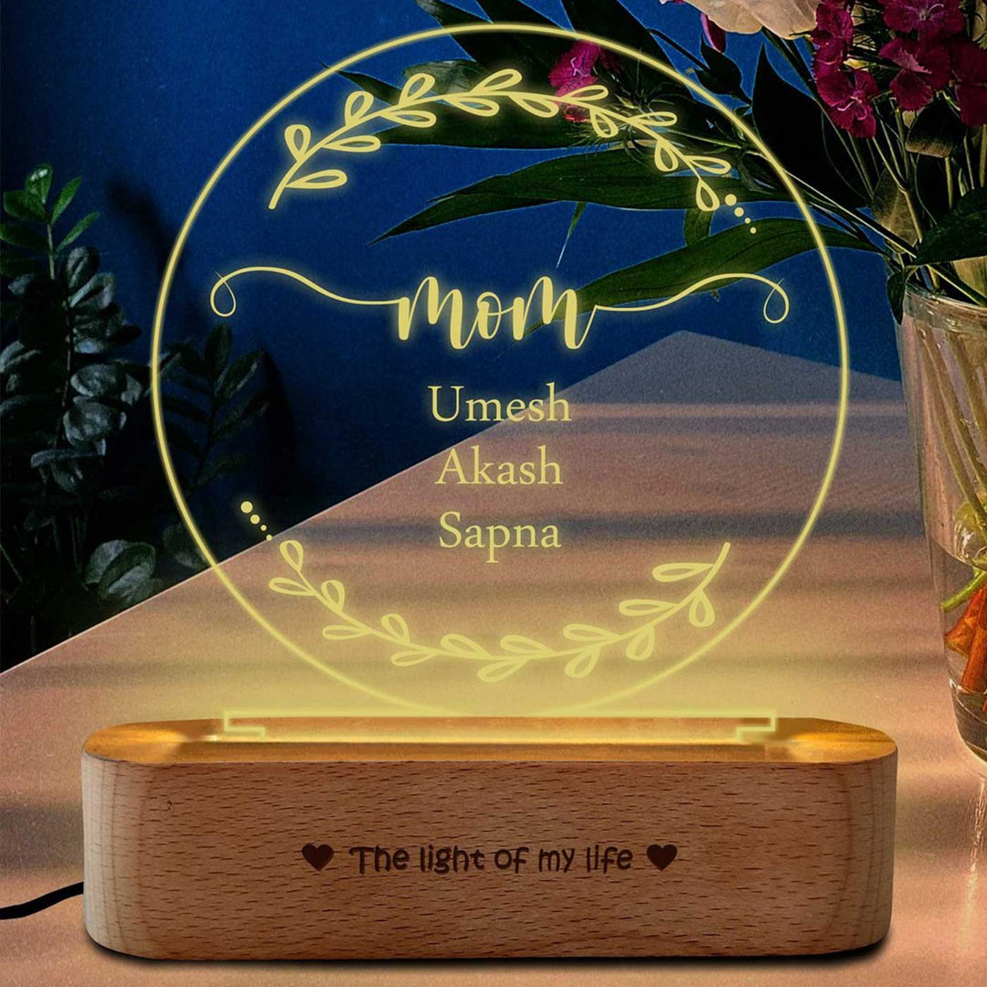 Personalized Leaf Design "Mom" Engraved Acrylic Lamp For Mothers