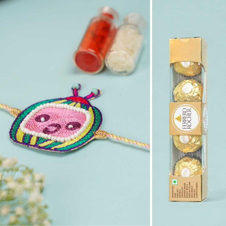 Handmade Beaded Cocomelon Theme Kids Rakhi With Roli Chawal - Front View with Gift Item