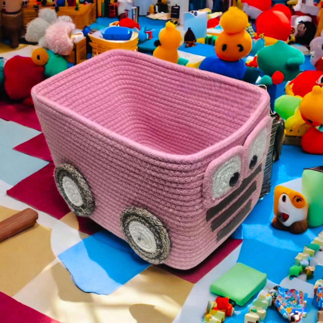 Handmade Coil Basketry Pink Bus Cotton Rope Basket for Kids