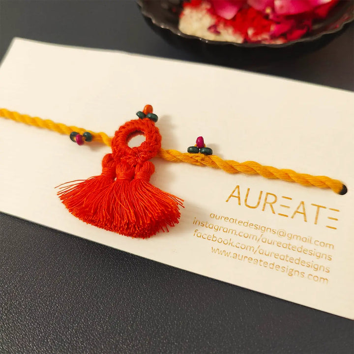 Handmade Mirror Work & Tassels Rakhi With Roli Chawal