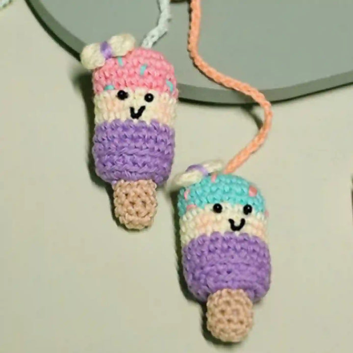 Handmade Crochet Popsicle Love Kids Lumba Rakhi For Girls With Roli Chawal - Close-up of Crochet Popsicle Charms