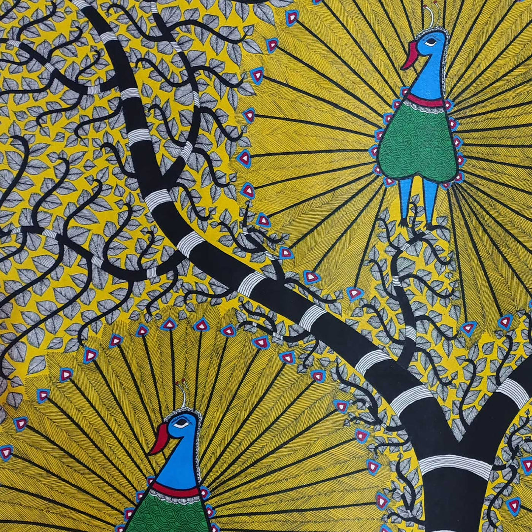 22 x 30 Inch | Peacock Trio | Original Hand Painted Madhubani Painting | Natural Pigments On Paper