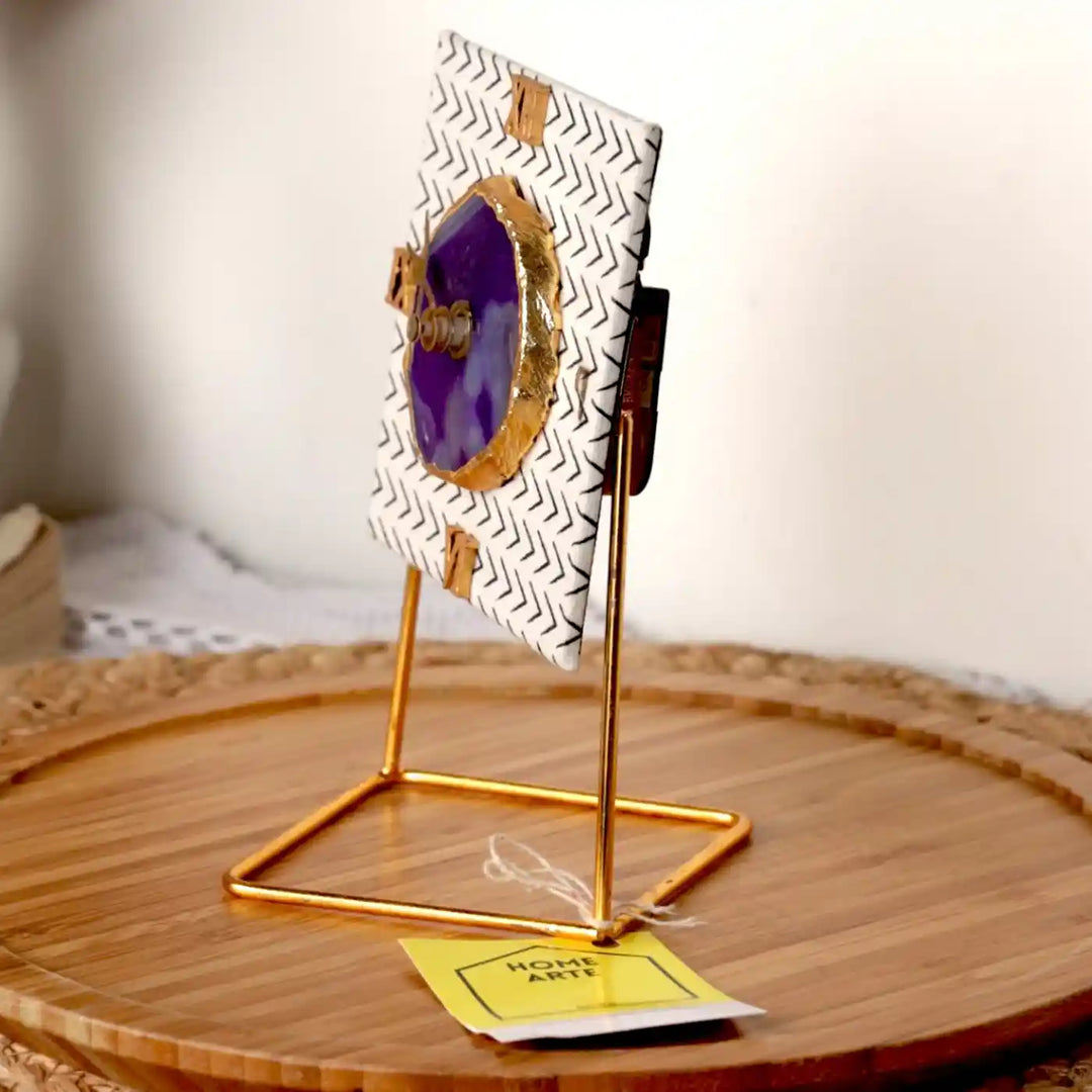 Black And White Square Cotton Fabric Coated MDF Desk Clock With Agate Accent | 6 x 4 x 3.5 inch