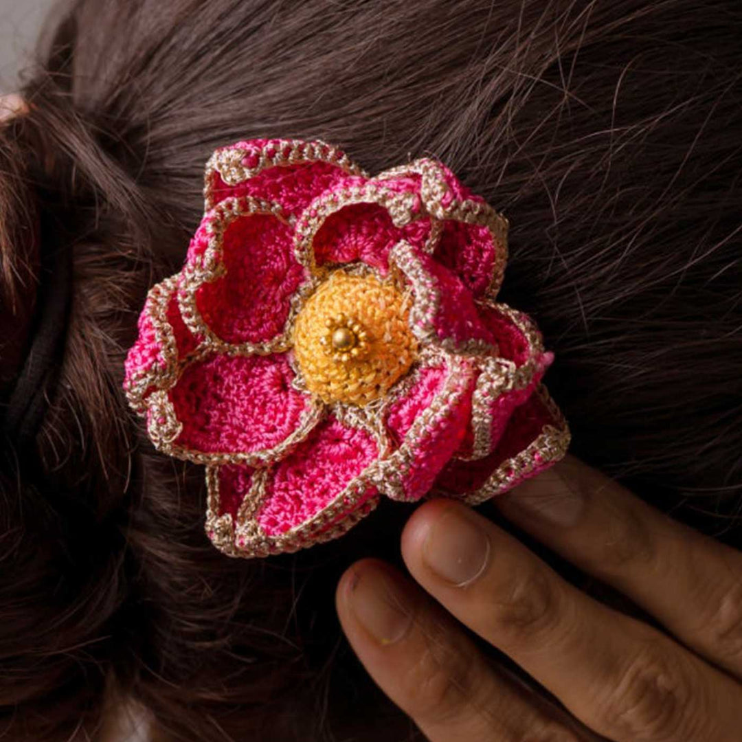 Handmade Crochet Shimmer Pink Lotus Design Hairstick