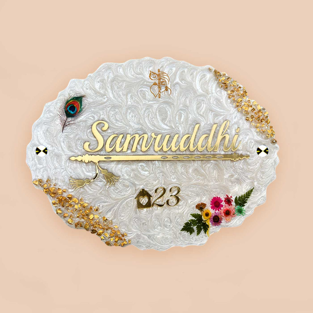 Personalized White Floral Theme Oval Resin And Acrylic Waterproof Name Plate - Front View with Name Personalization