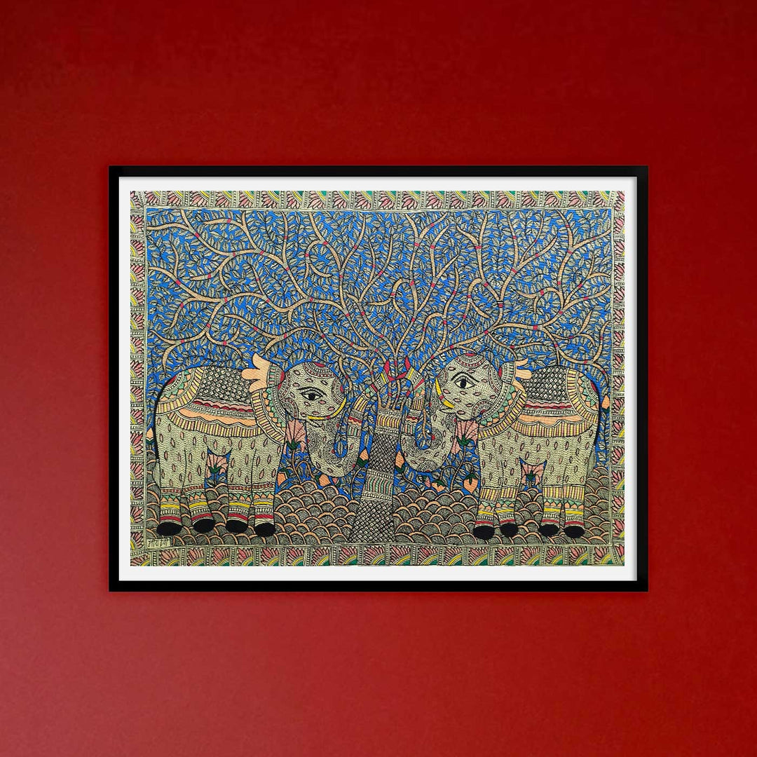 22 x 30 Inch | Elephants Under The Tree | Original Hand Painted Madhubani Painting | Natural Pigments On Paper
