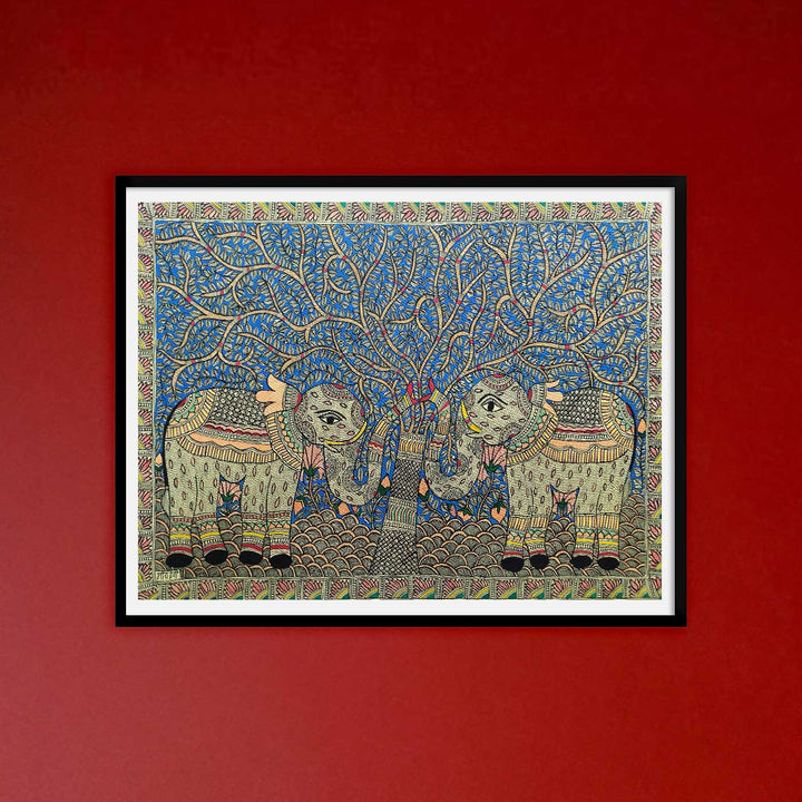 22 x 30 Inch | Elephants Under The Tree | Original Hand Painted Madhubani Painting | Natural Pigments On Paper
