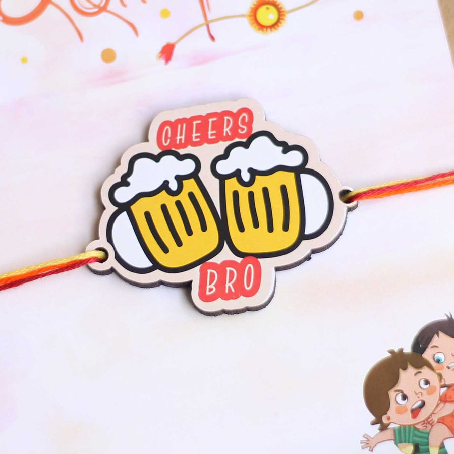 Handmade Cheers Bro Magnet Wooden Rakhi With Roli Chawal For Brother - Front Close-up