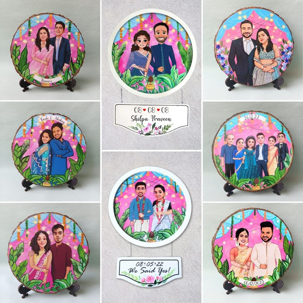 Photo Caricature Hanging Nameplate Wedding Couples 2 - Front View with Personalized Stand