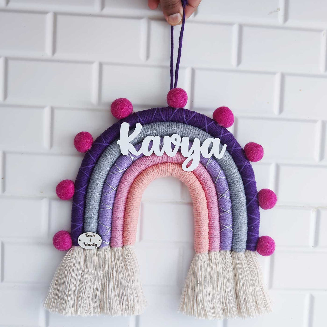 Personalized Handmade Macrame Pom Pom Rainbow Kids Name Plate With 3D Letters