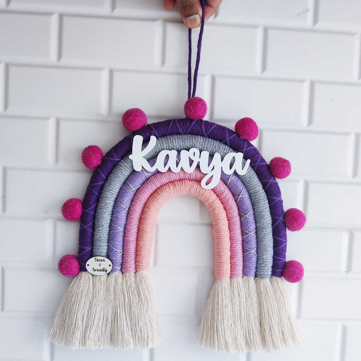 Personalized Handmade Macrame Pom Pom Rainbow Kids Name Plate With 3D Letters