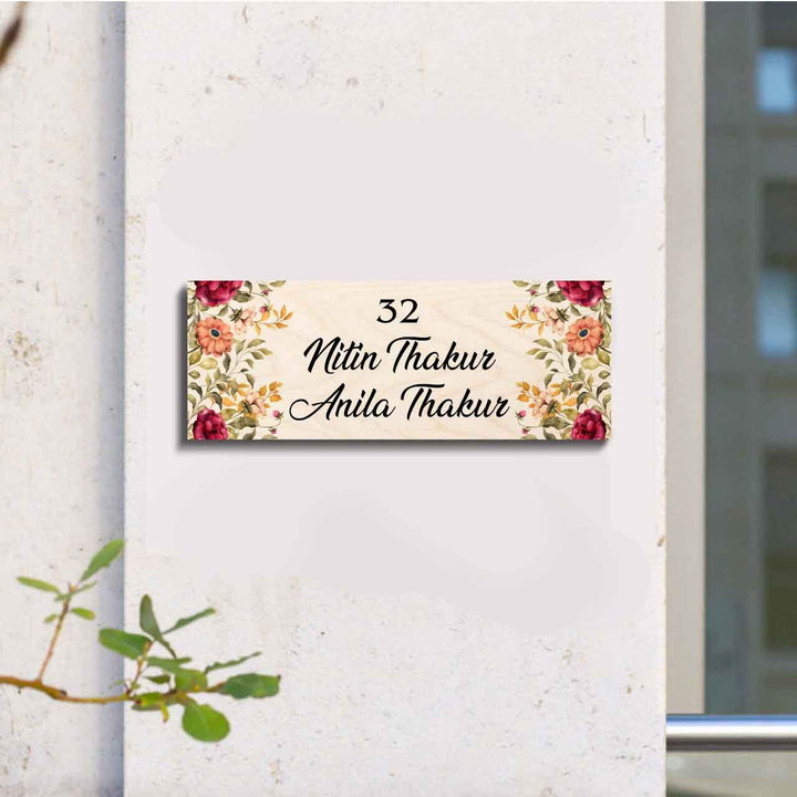 Printed Floral Wooden Rectangle Nameplate For Family - Mounted on Wall with House Number