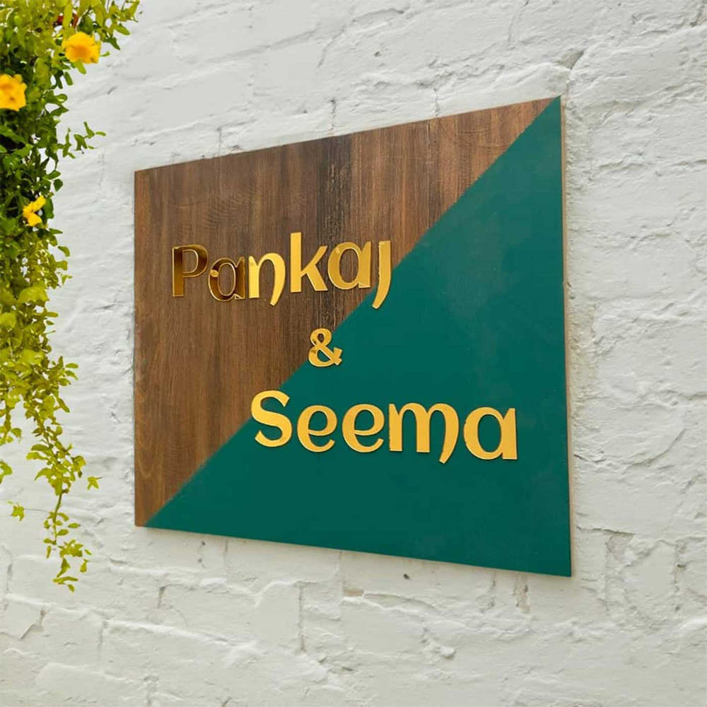 Personalized Minimal Jade Oak Rectangle Pine Wood Name Plate With 3D Letters - Mounted on White Brick Wall