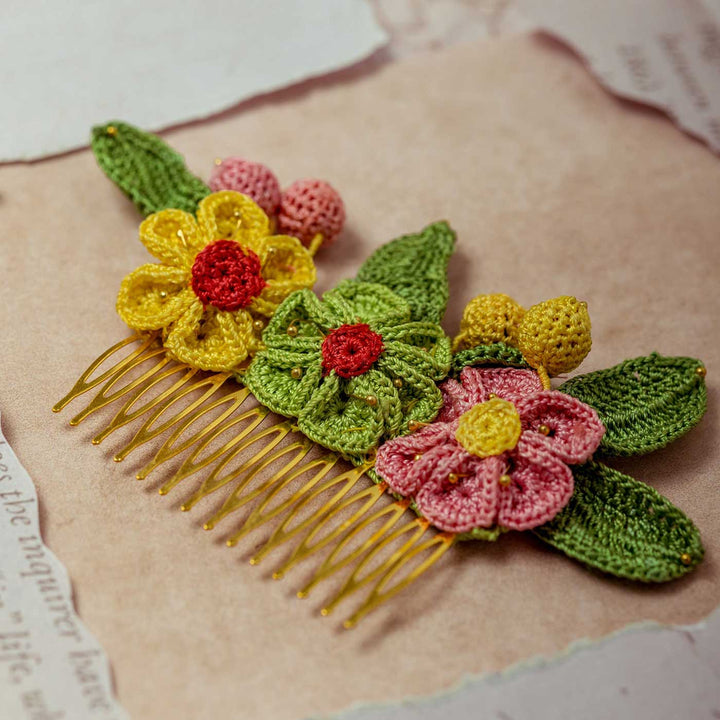 Handmade Crochet Guncha Colored Geraniums Hair Comb Pin