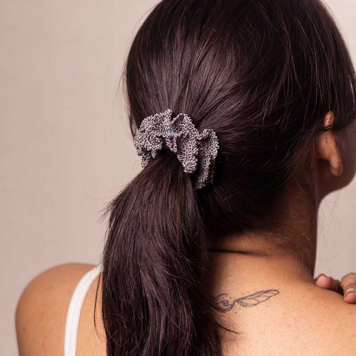 Handmade Crochet Guncha Mustard Grey Bloom Scrunchie | Set Of 2