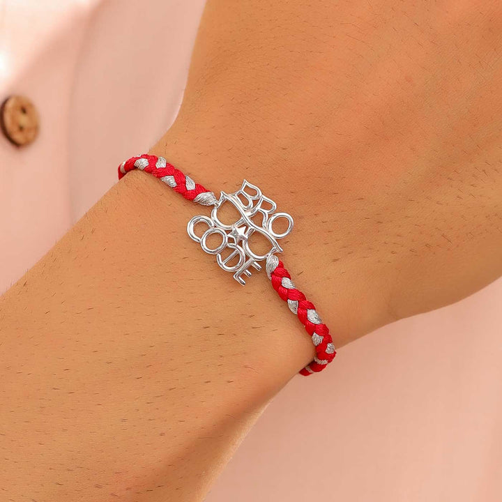 Handmade Bro Code Design Silver Rakhi For Brother - Worn on Wrist Display