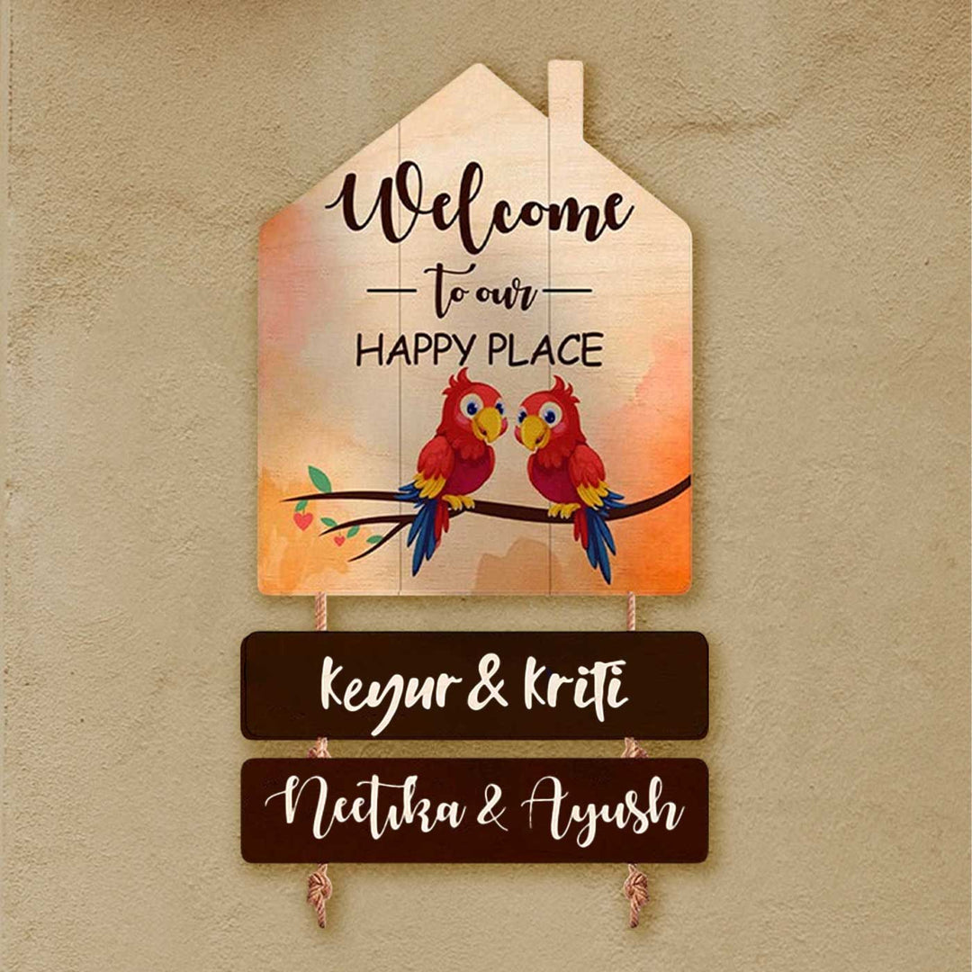 Printed Wooden House Shaped Parrot Nameplate For Family With One Child - Mounted on Wall Close-up