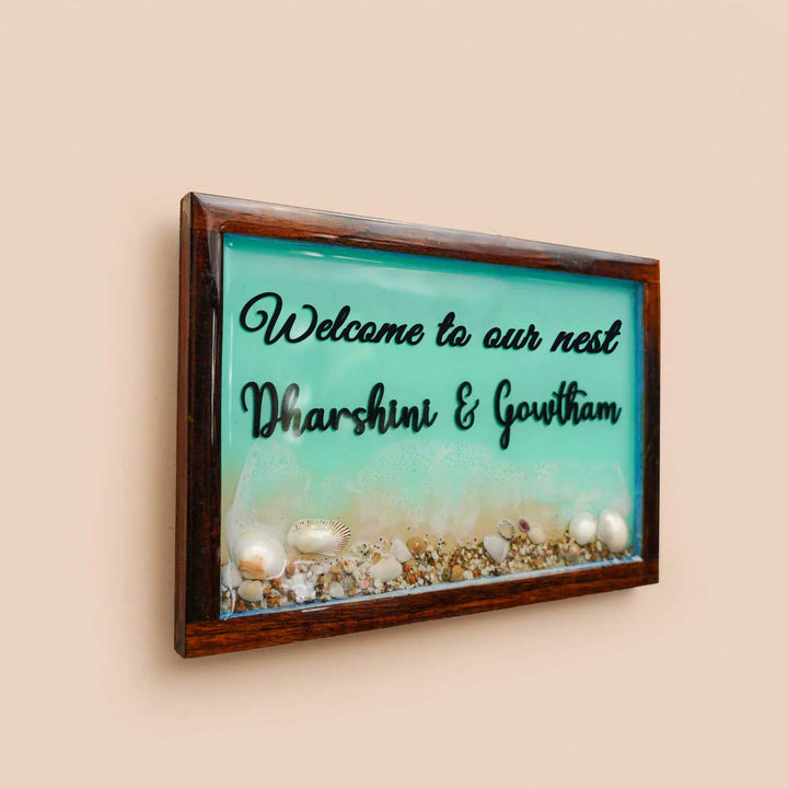 Personalized Beach Theme Resin Name Plate For Couples - Angled Side View Mounted on Wall