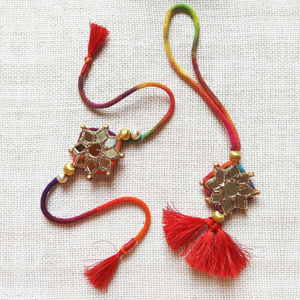 Handmade Mirror Work Beaded Bhaiya Bhabhi Rakhi With Roli Chawal Set Of 2 - Pair Display (2)