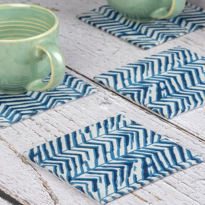 Blue Cotton Fabric Coated MDF Ecofriendly Chic Square Coaster Set  | Set of 4