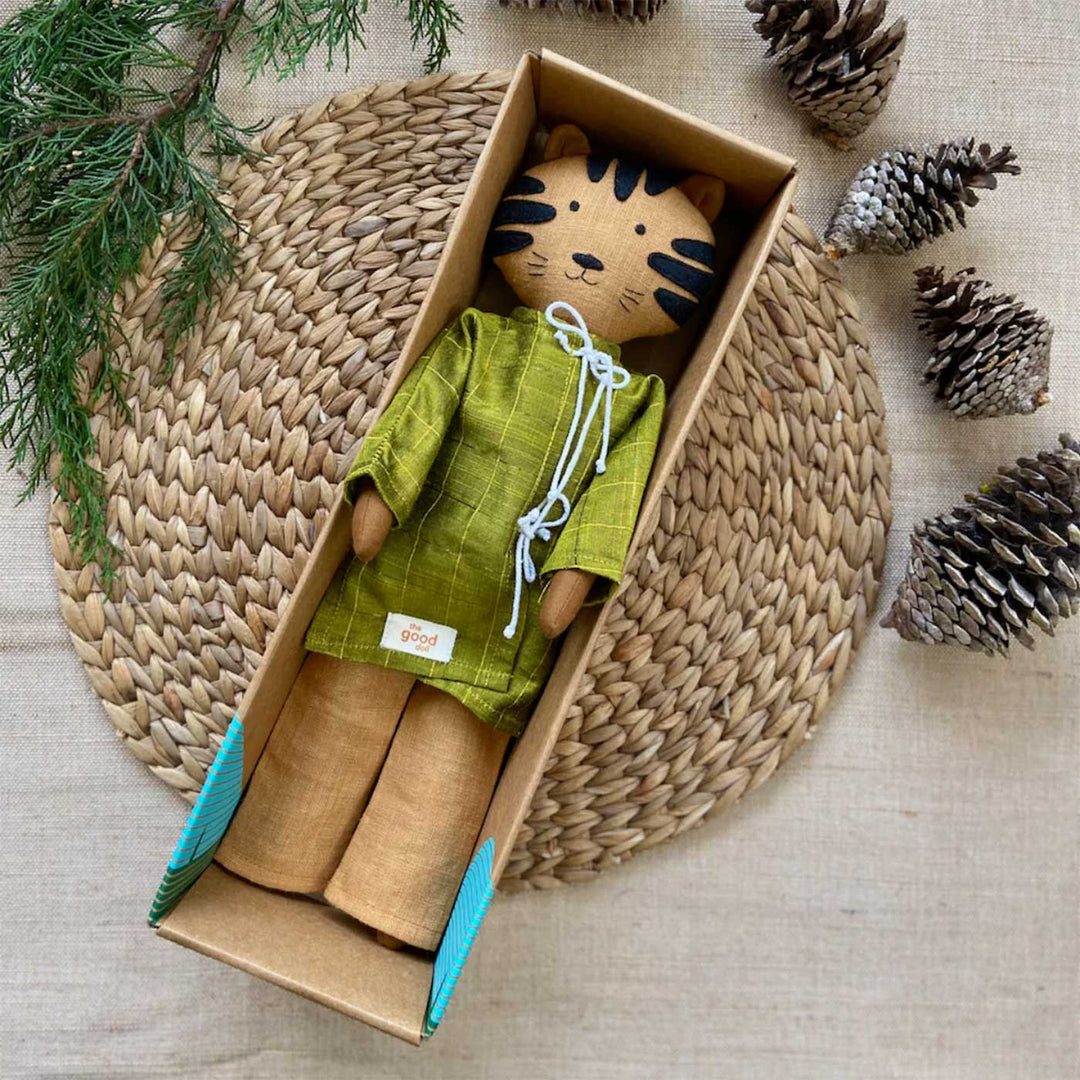 Nilah's (Tiger Friend) Puli In Kurta | Soft Hand-Stitched Sustainable Indian Play Doll