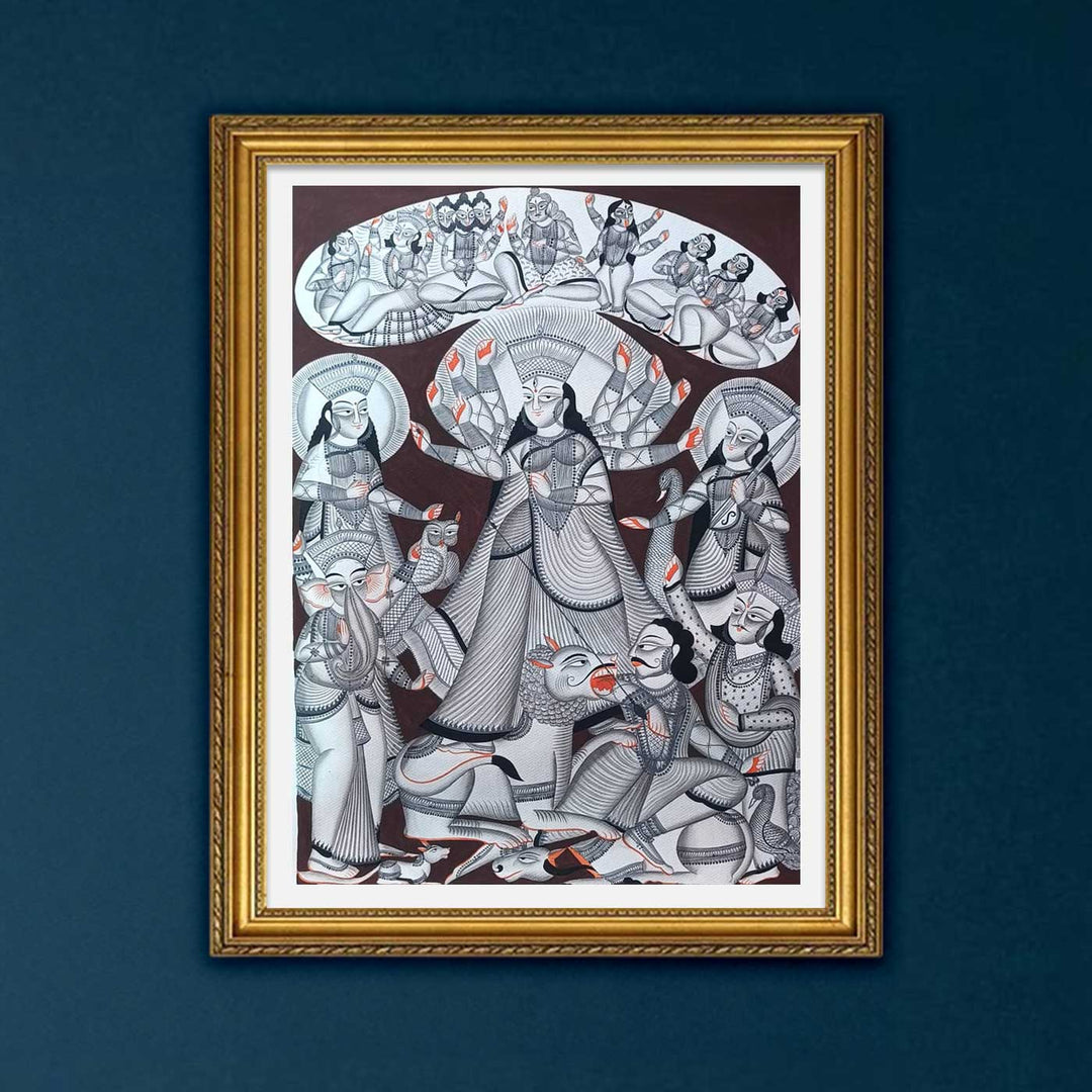 30 x 22 Inch | Durga Puja Themed | Original Hand Painted Kalighat Painting | Natural Pigment On Paper