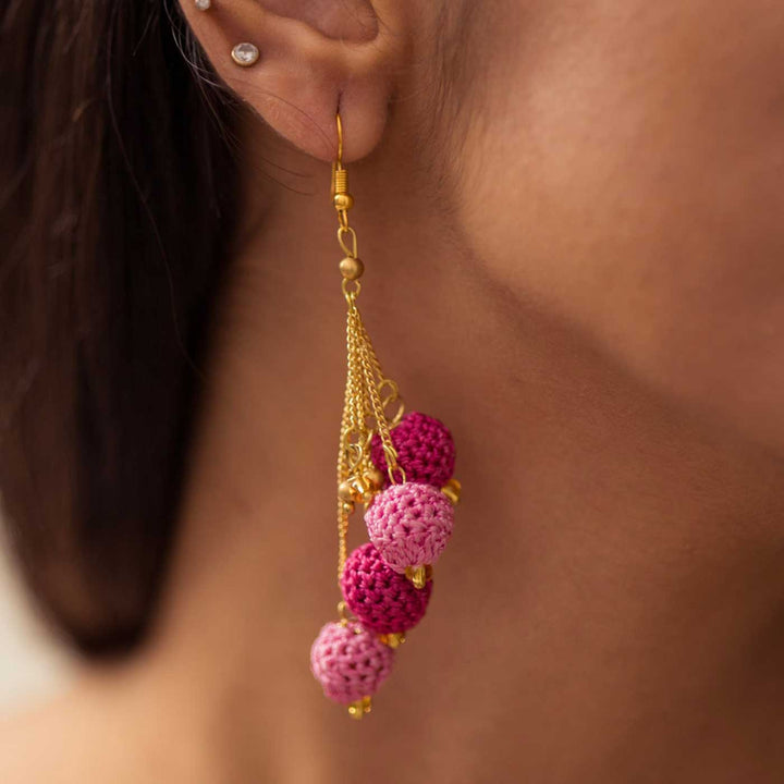 Handmade Crochet Pink Blobs Viscose Thread Swing Earrings